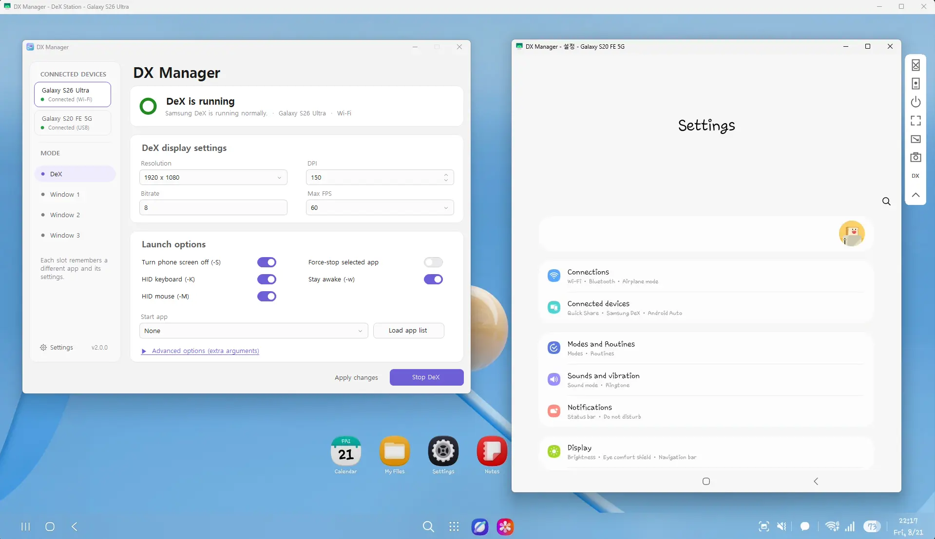 DX Manager running on Windows. A DeX control window sits next to a Samsung Settings window.